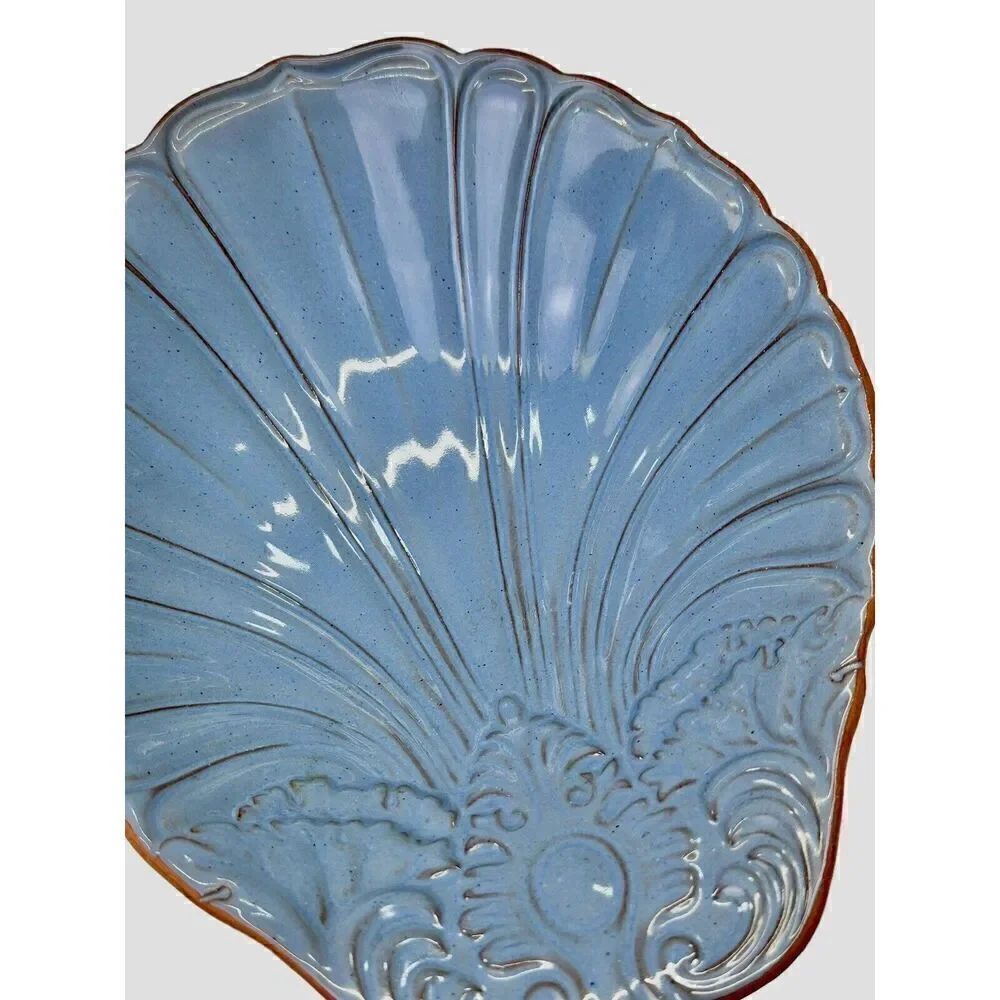 Vintage Loneoak & Co Pottery Terracotta Shell Serving Bowl Blue Glaze Dish 8x10